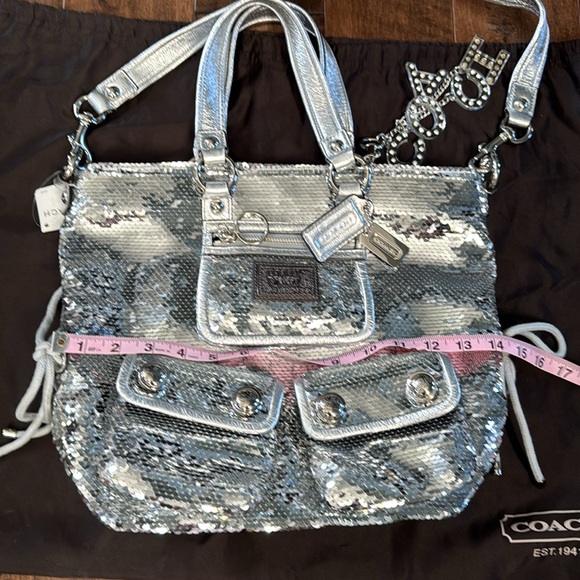 NWT Coach poppy sequins spotlight tote silver leather multi straps 11”x14”x4” - Picture 11 of 11